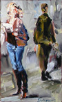 Linie 4.3, Frau mit Plan wartend auf die Straßenbahn, gemalt mit Ölfarben